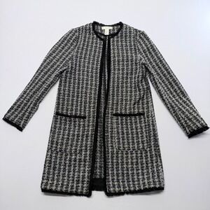 HM Womens Black White Gold Tweed Longline Fringed Open Front Jacket Size 4